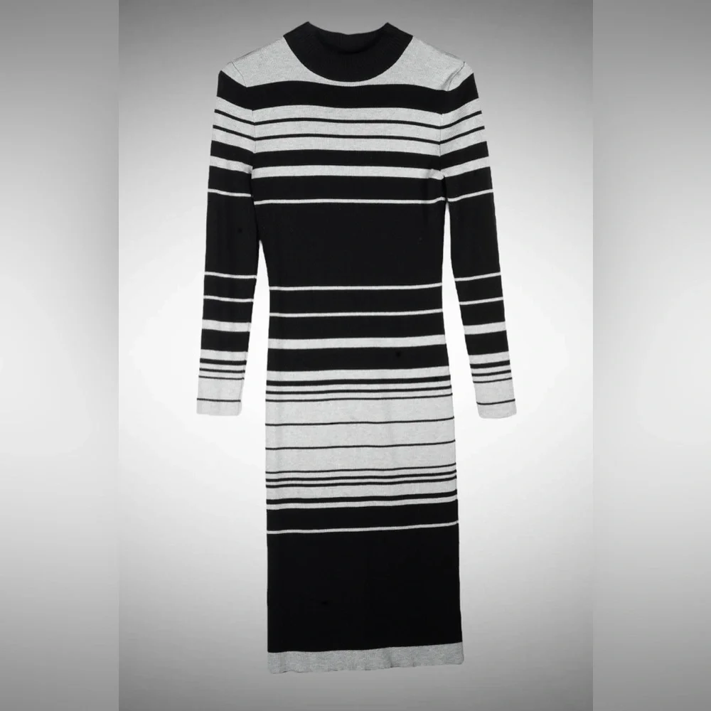 Love Always by FCT Black & Gray Striped Mock-Neck Sweater Midi Dress – Size XL - Picture 8 of 17